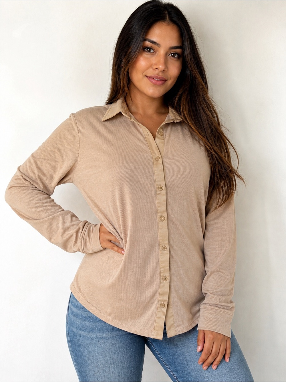 Women's Tan Button-Down Collared Shirt - Relaxed Everyday Top
